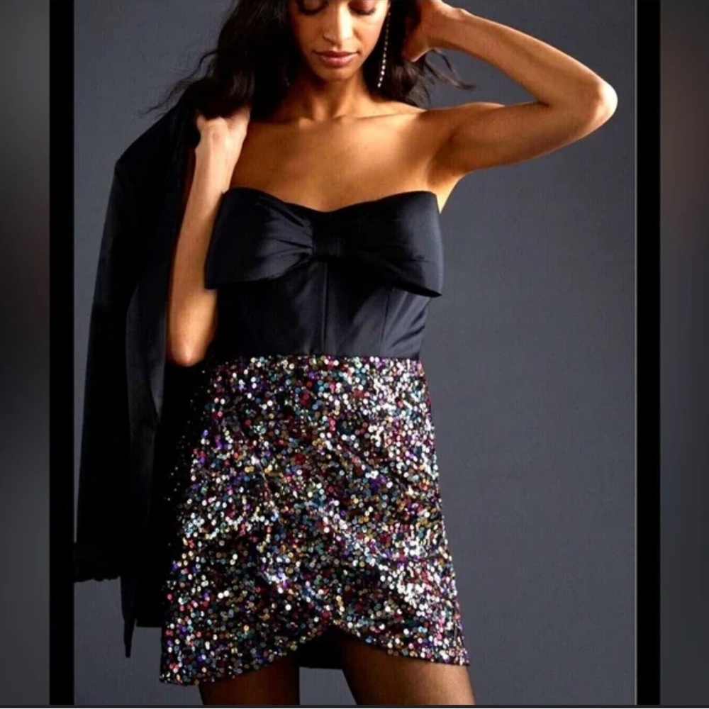 Anthropologie Strapless Black Bodice Sequin Multicolor Skirt Dress